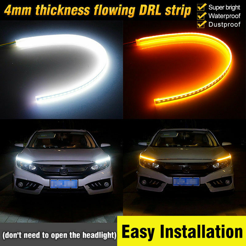 Pair 60CM White/Amber Car LED DRL Daytime Running Light Flexible Tube Strip UK