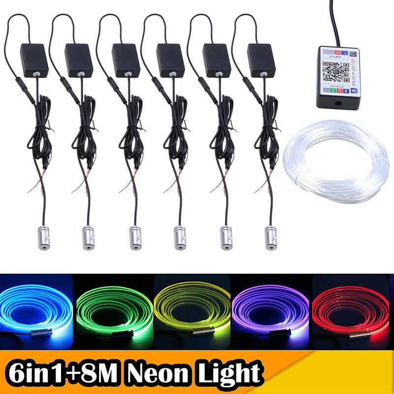 6in1 8M RGB LED Car Interior Fiber Optic Neon EL Wire Strip Light Atmosphere APP