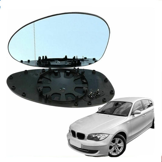 Left passenger side Wide Angle mirror glass for BMW 1 Series 04-09 heated Blue