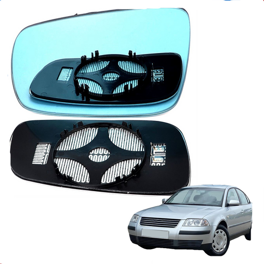 Left passenger side wing mirror glass for Volkswagen Passat 96-04 heated Blue