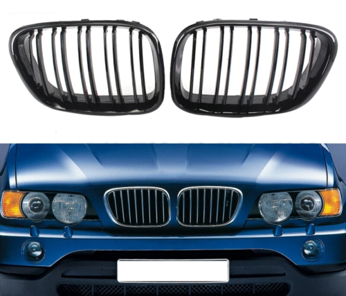 BMW X5 E53 1999 - 2003 GLOSS BLACK FRONT KIDNEY GRILLES GRILLS DOUBLE TWIN SPOKE