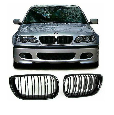 BMW E46 4DR 01-05 GLOSS BLACK FRONT KIDNEY GRILLES GRILLS TWIN DOUBLE SPOKE