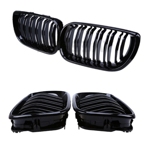 BMW E46 4DR 01-05 GLOSS BLACK FRONT KIDNEY GRILLES GRILLS TWIN DOUBLE SPOKE