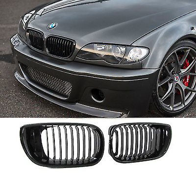 BMW E46 4dr 01-05 M PERFORMANCE LOOK GLOSS BLACK FRONT KIDNEY GRILLES GRILLS UK