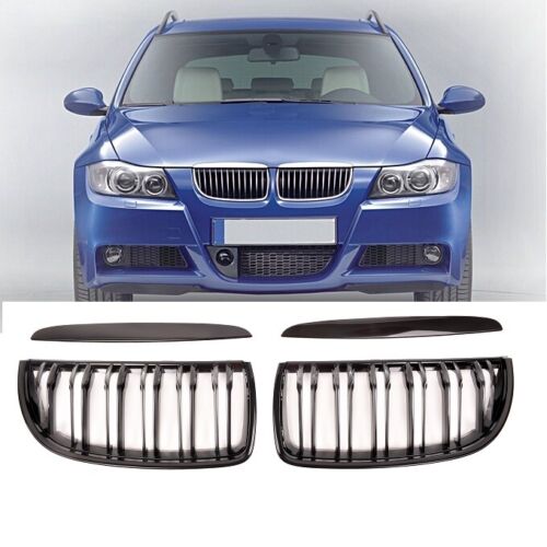 BMW E90 E91 05-08 gloss black front kidney grilles double spoke pair left right