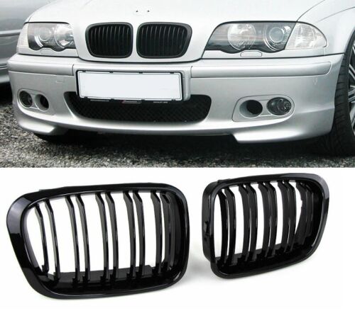 BMW E46 4DR 98-01 GLOSS BLACK FRONT KIDNEY GRILLES GRILLS TWIN DOUBLE SPOKE