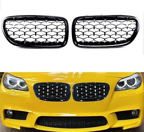 BMW F10 F11 & M5 pair gloss black chrome diamond kidney grille grilles grills